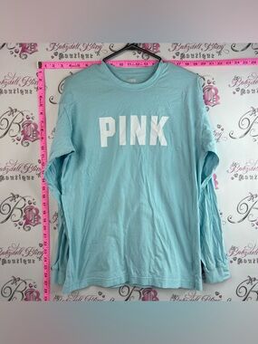PINK Victoria's Secret shirt top Light Blue Long Sleeve Tee with White Logo